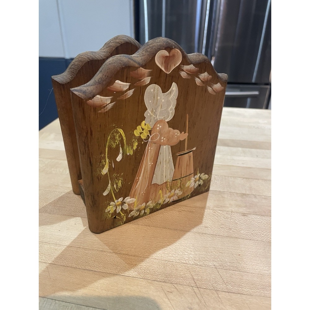 Vtg Wooden Sunbonnet Girl Pie Flowers Hand Painted Napkin Holder Country Prairie